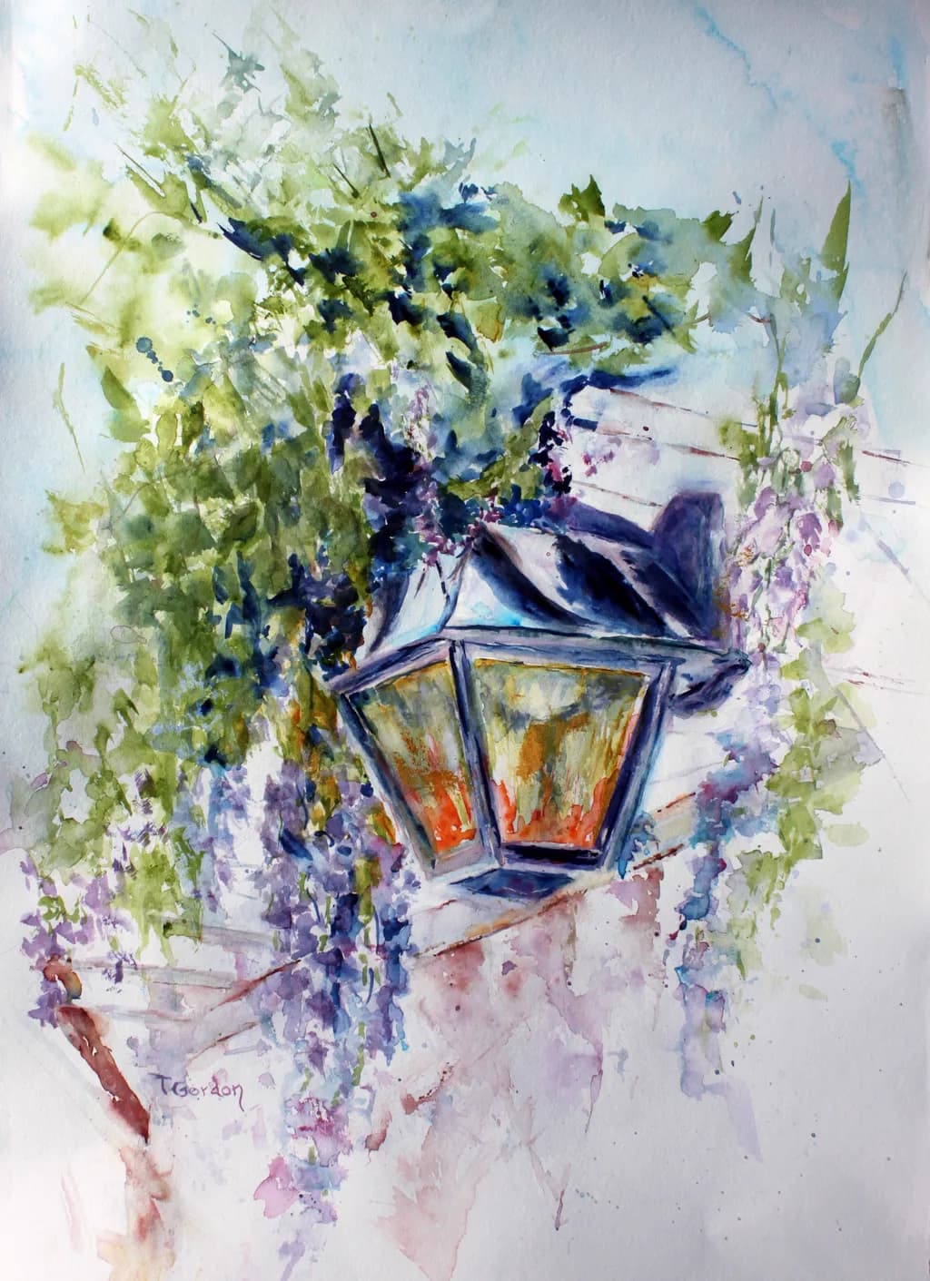 Whispers of Light: A Watercolor Lantern Embraced by Blossoming Vines