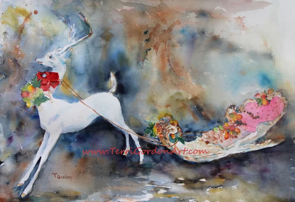 Whimsical Winter Wonderland: A Festive Watercolor Deer Pulling a Sleigh of Delights