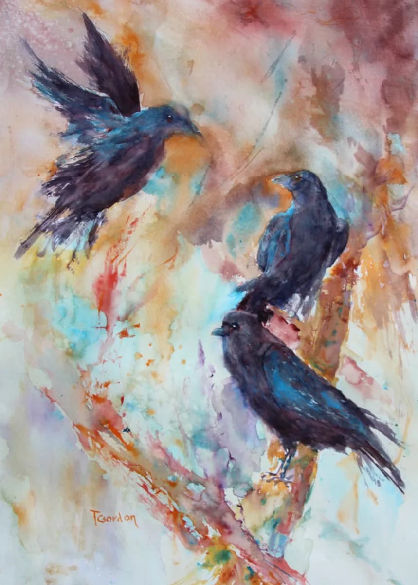 Whispers of the Sky: A Dance of Ravens in Watercolor Elegance