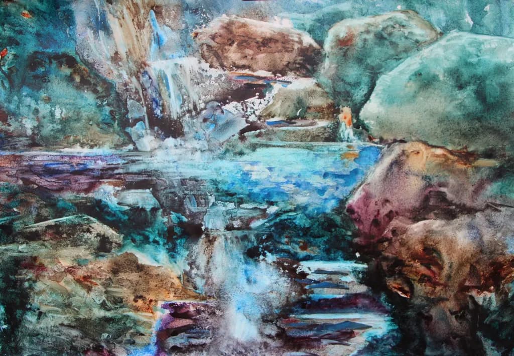 Whispers of Water: An Abstract Journey Through Cascading Blues and Rocky Landscapes