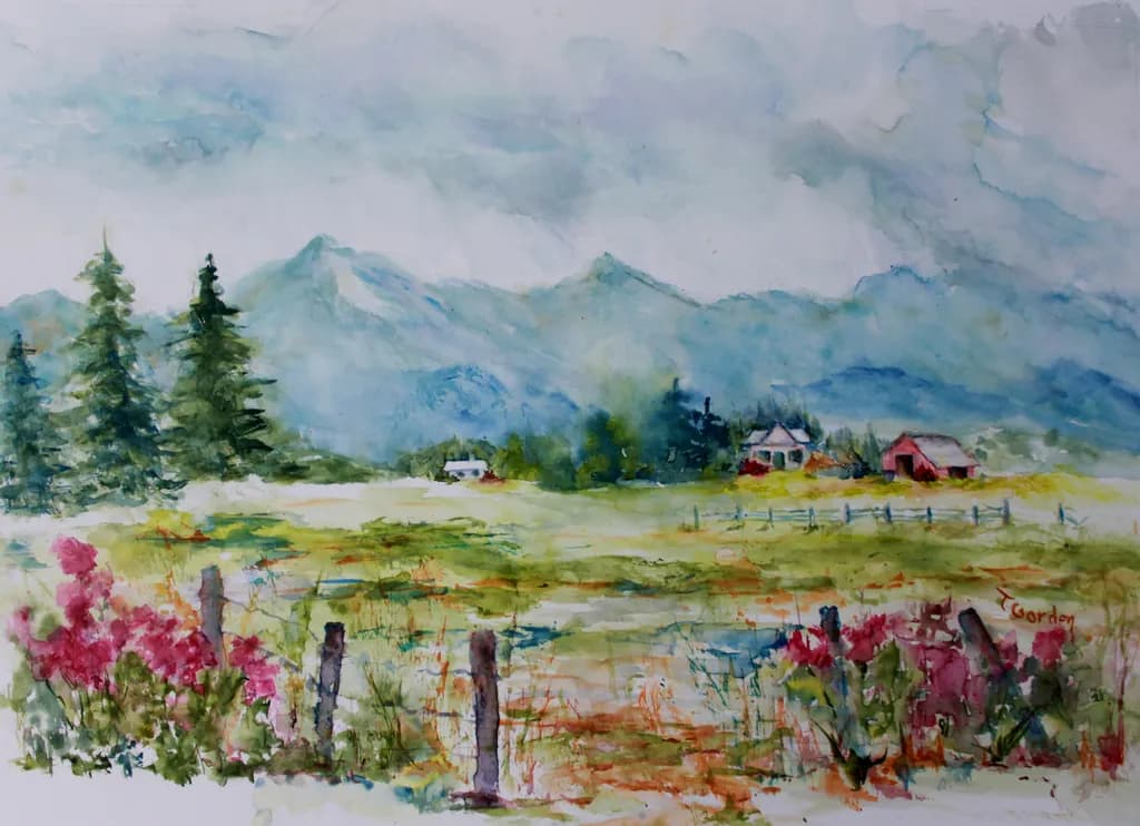 Whispers of the Meadow: A Serene Landscape of Mountains and Blooms