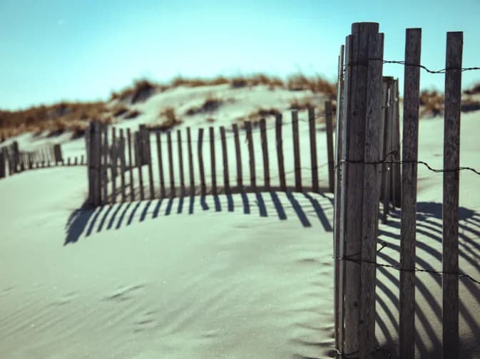 Whispers of the Dunes: A Serene Coastal Fence in Sunlit Sands