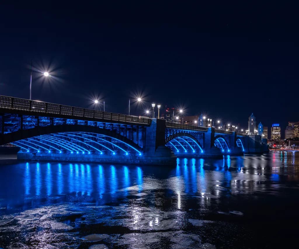 Illuminated Serenity: A Nighttime Reflection on the Blue Bridge