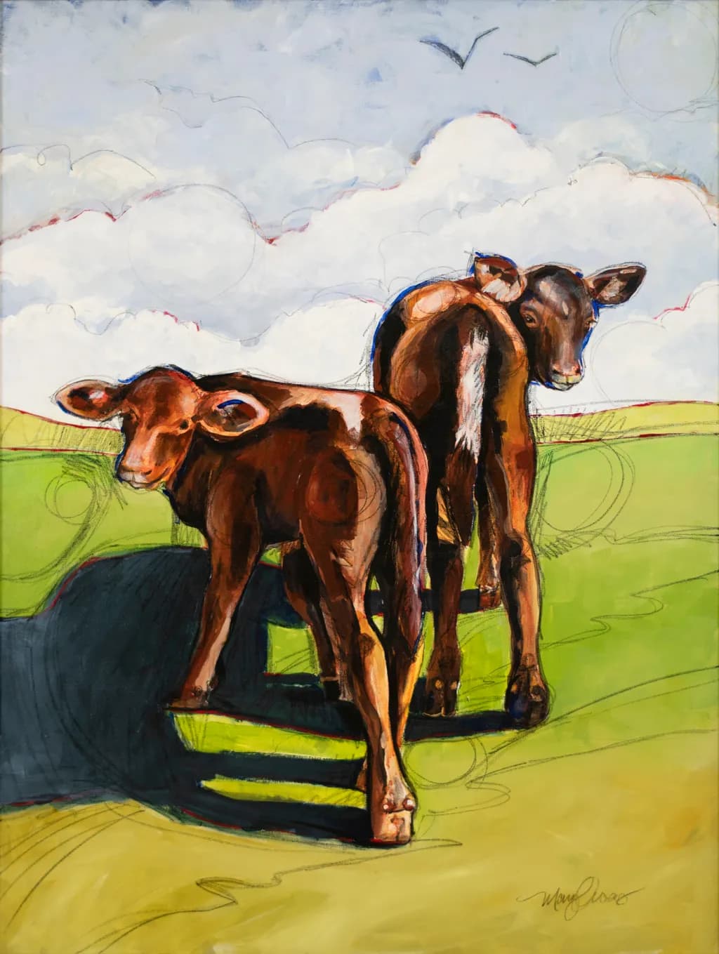 Whispers of the Past: Two Calves in a Sunlit Meadow