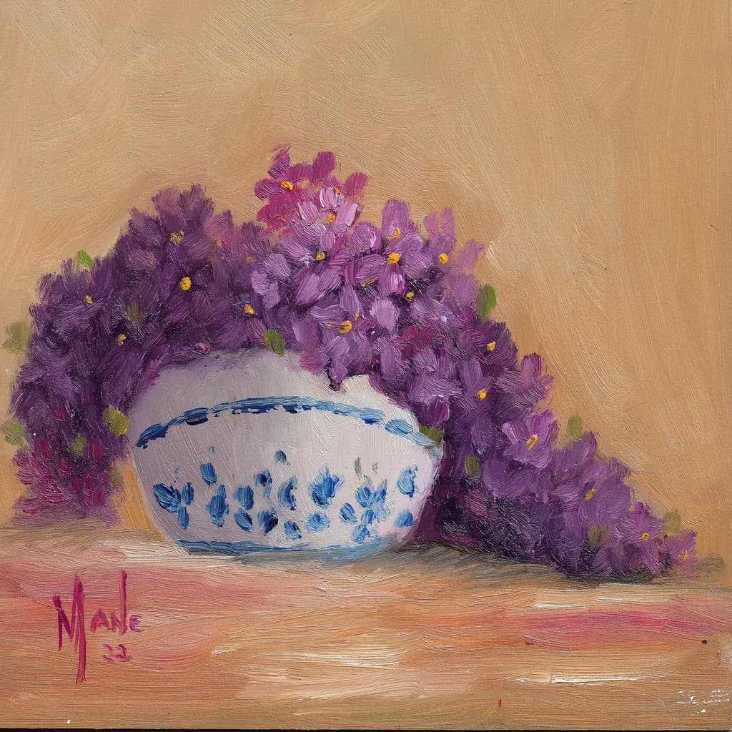 Violet Dreams: A Serene Floral Arrangement in Blue and White Porcelain