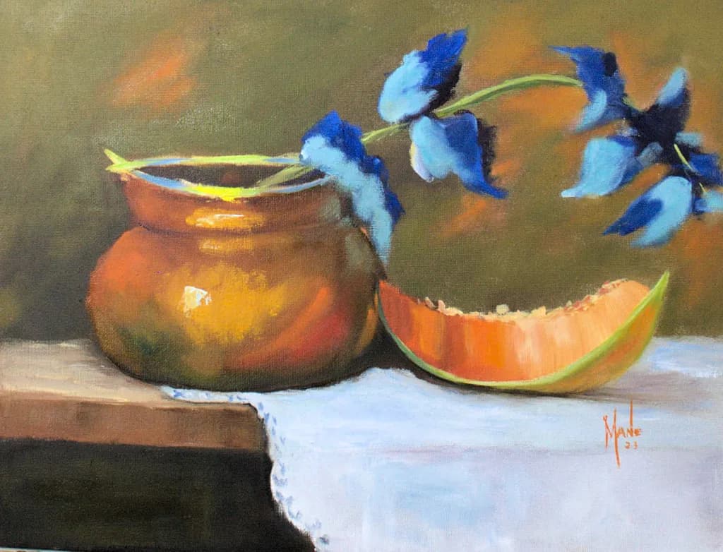 Blue Flowers in Copper Vase