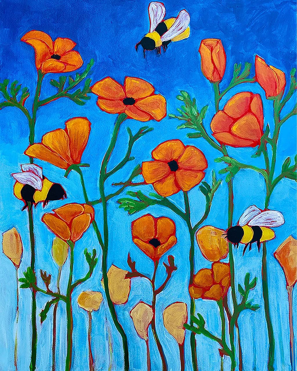 Buzzing Blooms: A Whimsical Dance of Bees and Poppies Under a Bright Blue Sky
