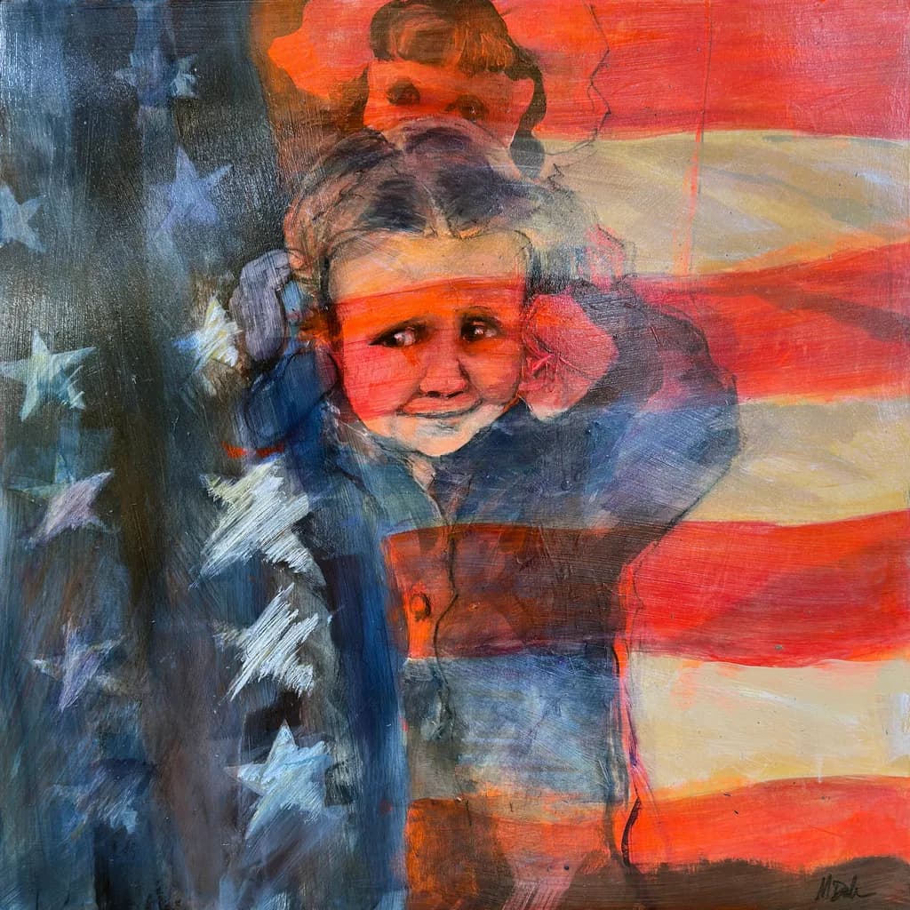 Whispers of Innocence: A Child's Reflection Amidst the Stars and Stripes