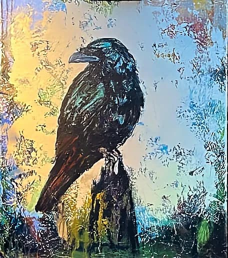 Whispers of Color: A Perched Raven in Abstract Harmony