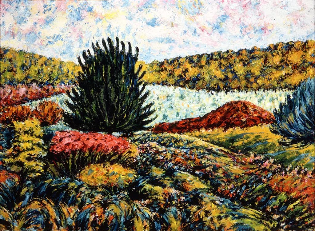 Vibrant Impression of Nature's Palette: A Colorful Landscape of Foliage and Serenity