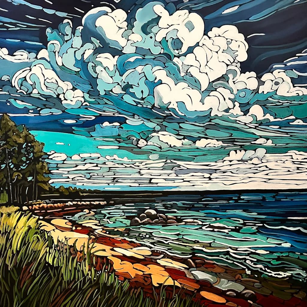 Whispers of the Ocean: A Vibrant Coastal Landscape Under Dynamic Skies