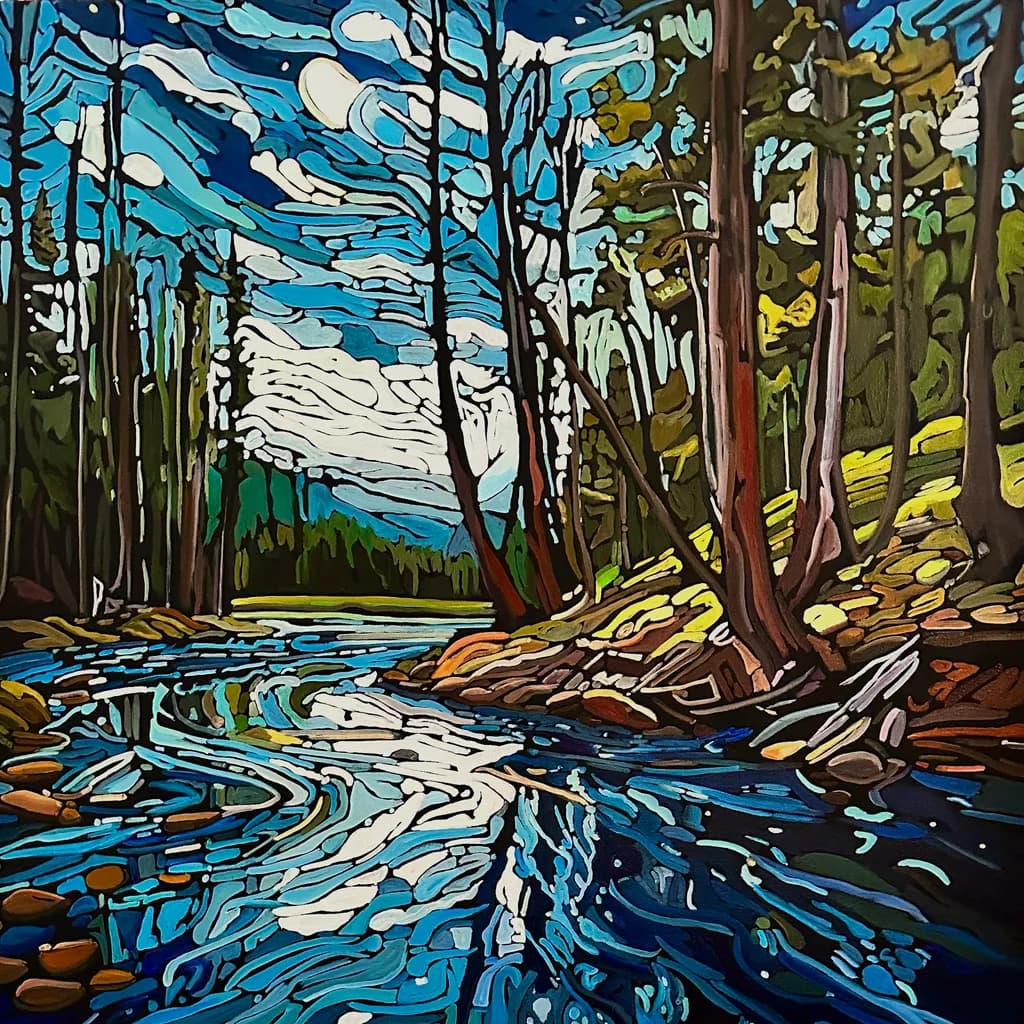Serenity in Reflection: A Vibrant Landscape of Water and Trees Under a Dynamic Sky