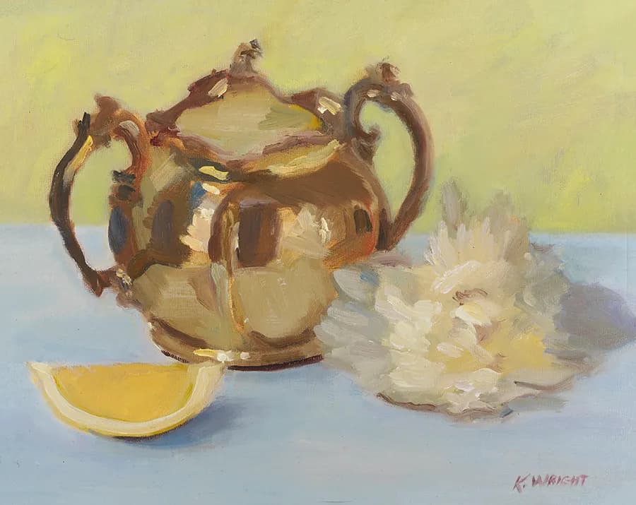 Golden Elegance: A Still Life of a Vintage Teapot with Lemon and Blossoms