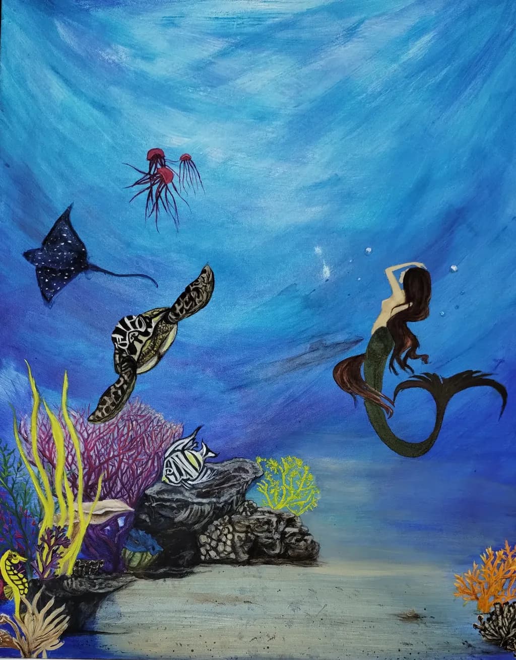 Whispers of the Deep: A Mermaid's Underwater Realm with Coral and Colorful Fish