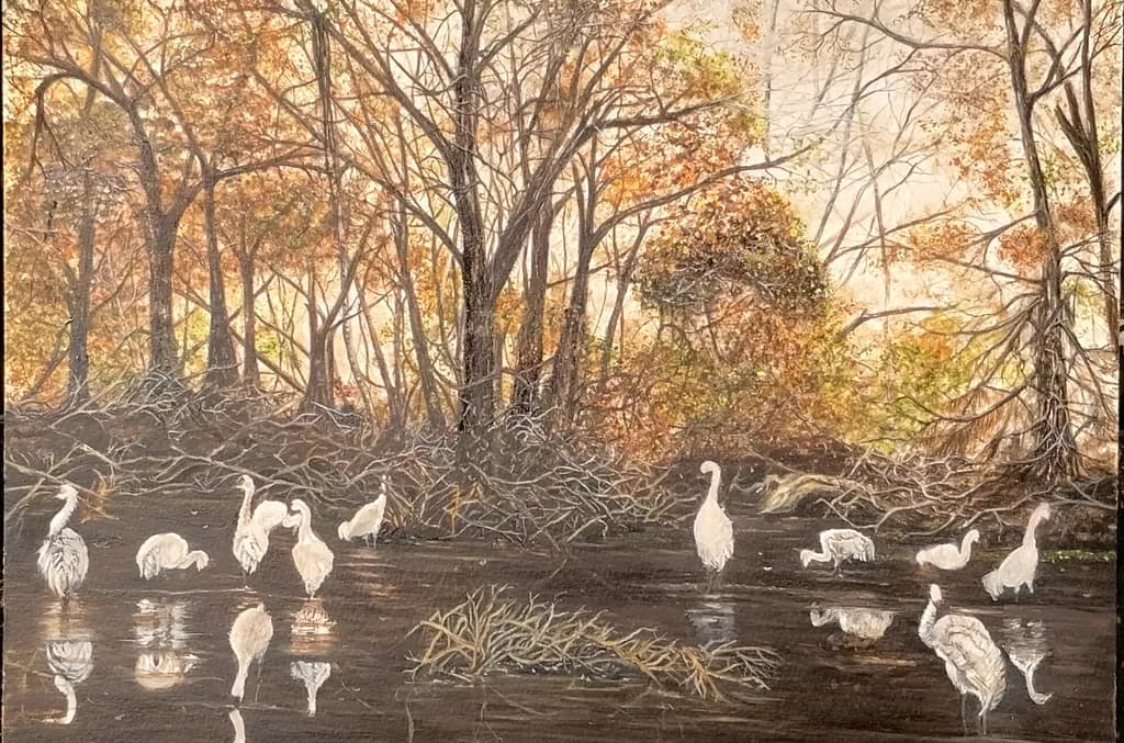 Whispers of Autumn: Egrets in Tranquil Waters