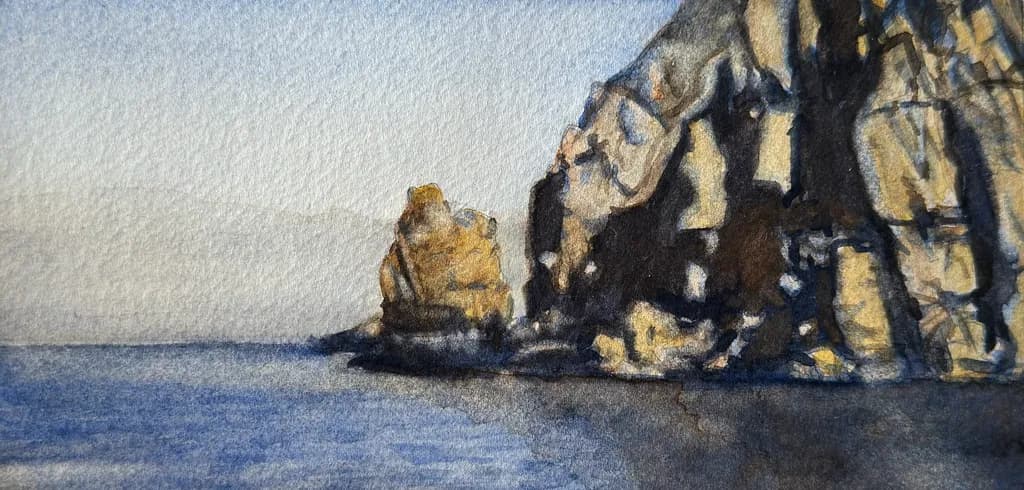 Whispers of the Shore: A Serene Watercolor Landscape of Rocky Cliffs and Tranquil Waters