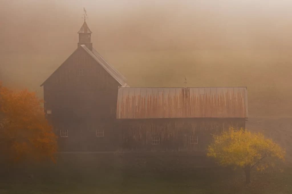 Whispers of Autumn: A Serene Barn in the Embrace of Fog