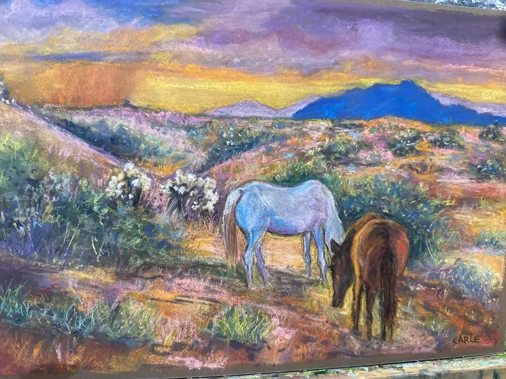 Whispers of the Wild: Horses Grazing at Dusk in a Vibrant Landscape