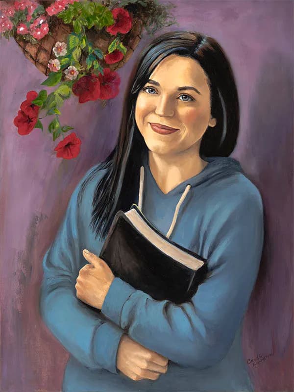 Whispers of Joy: A Portrait of Casual Elegance with Blooms and Books