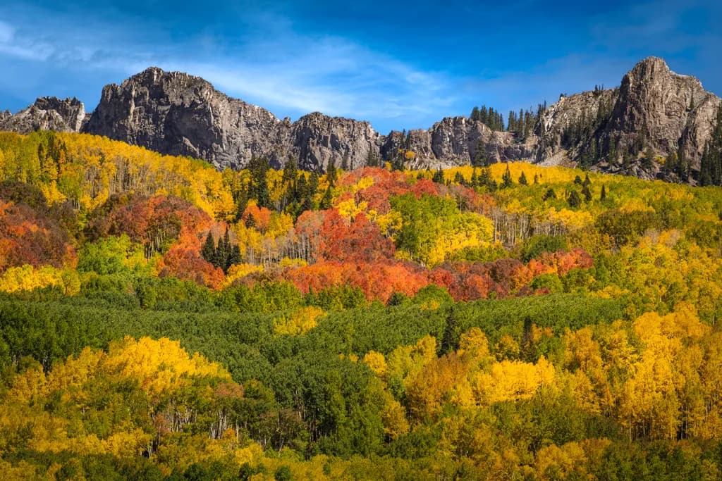 Autumn's Embrace: A Vibrant Tapestry of Colorful Foliage Against Majestic Peaks