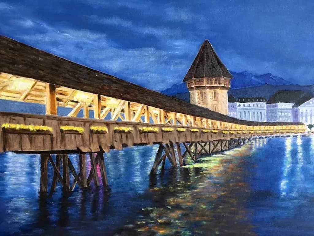 Twilight Reflections: The Illuminated Bridge Over Calm Waters