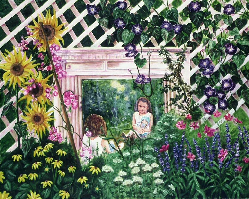 Whispers of Nature: A Child's Serenity Amidst Blossoms and Vines