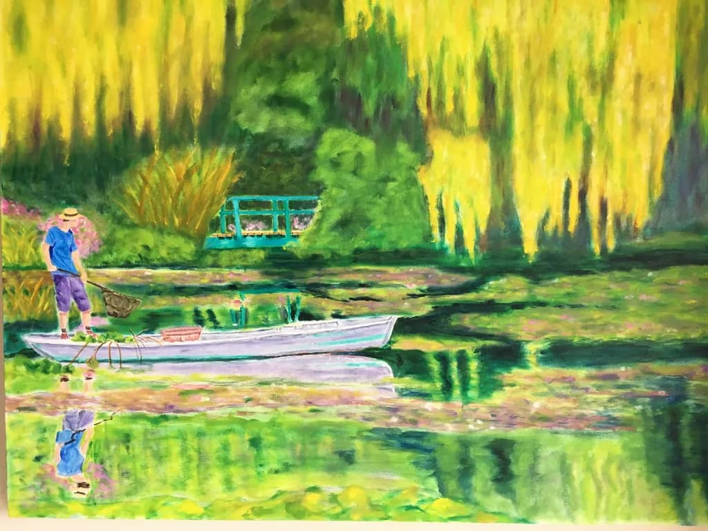 Serenity on the Water: A Fisherman’s Reflection Amidst Lush Greenery and Golden Willows
