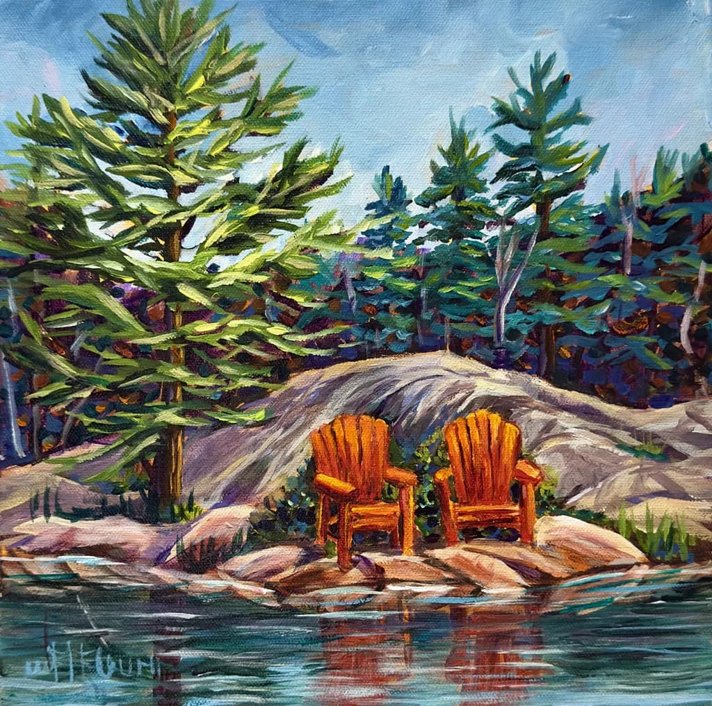 Serene Reflections: Two Chairs by the Water's Edge