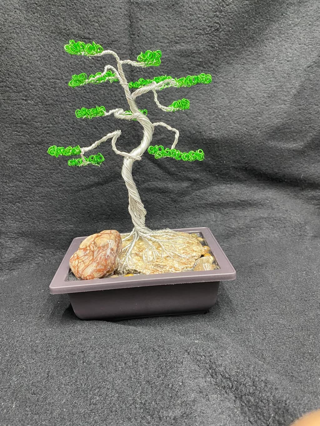 Whimsical Green Wire Tree Sculpture with Natural Stone Base