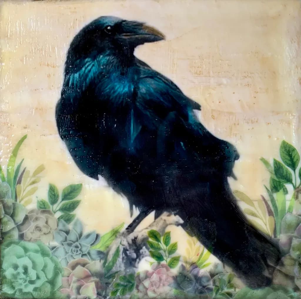 Mystical Raven Amidst Succulent Blooms: A Captivating Blend of Nature and Enigma