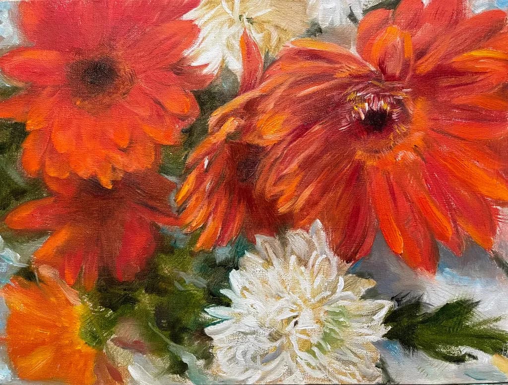 Vibrant Blooms: A Dance of Orange and White Flowers in Oil Paint