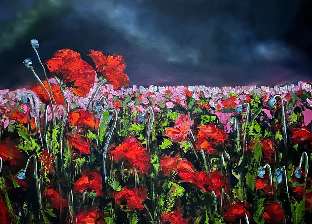 Vibrant Poppy Symphony: A Dance of Red and Pink Under Stormy Skies