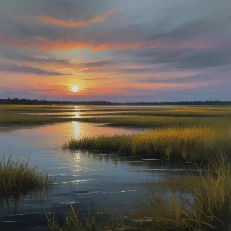 Serenity at Dusk: A Tranquil Sunset Over Marshlands