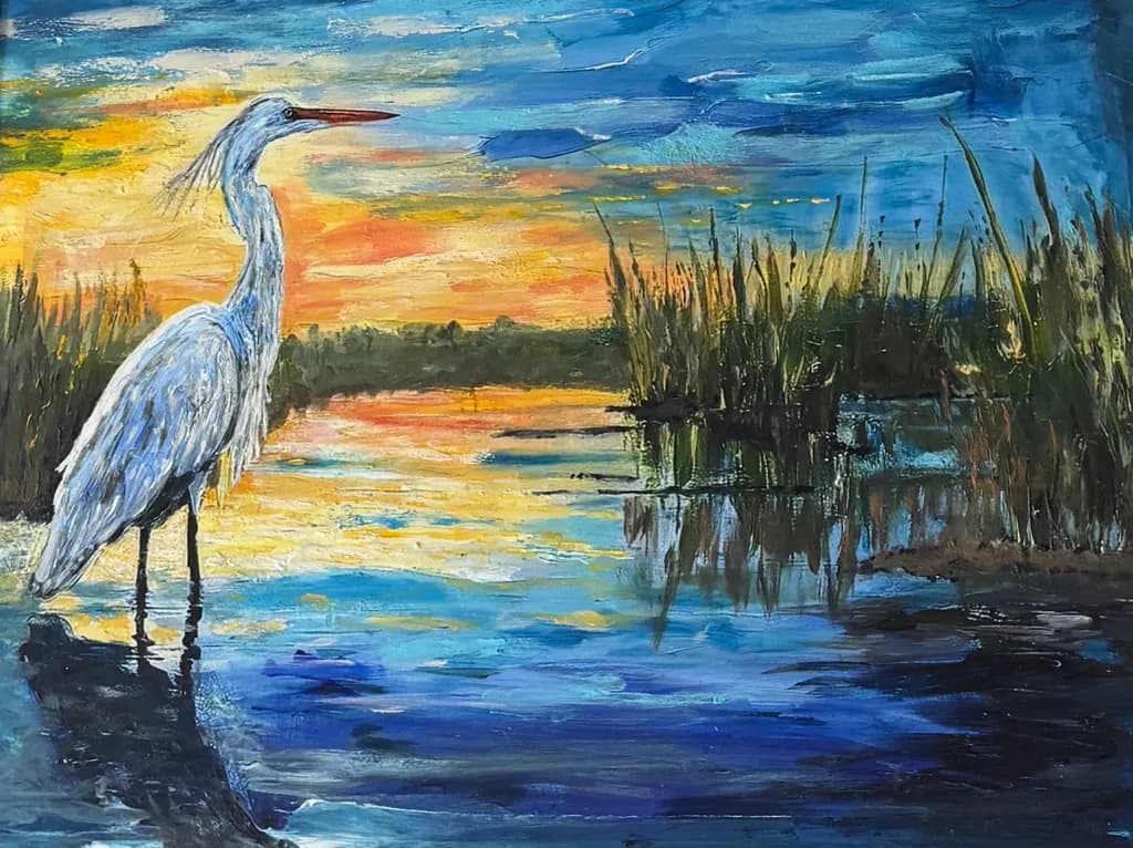 Serenity at Dusk: A Majestic Heron Reflects on Tranquil Waters