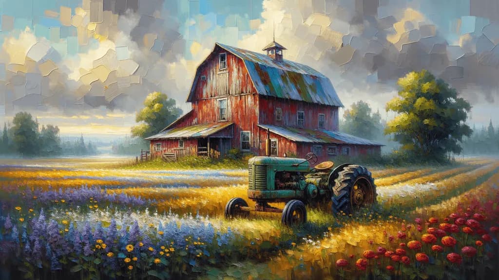 Rustic Reverie: A Tranquil Farm Scene with Vintage Tractor and Vibrant Fields