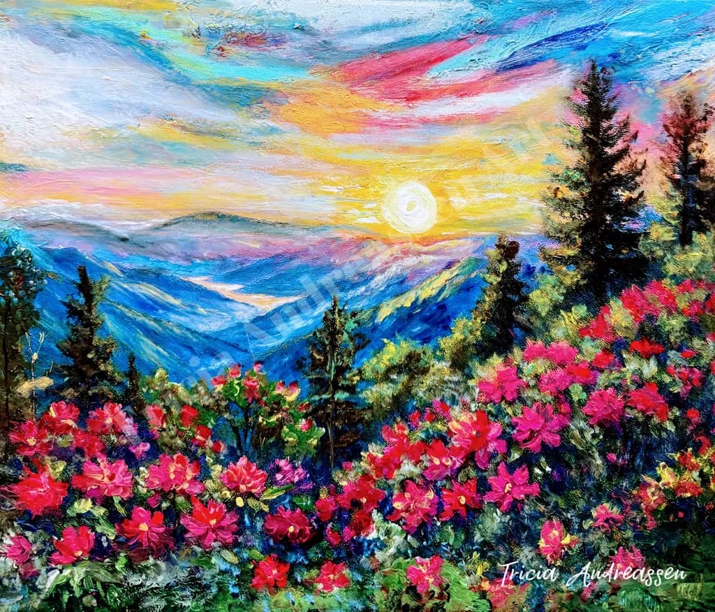Sunrise Symphony: A Vibrant Floral Landscape Awakening