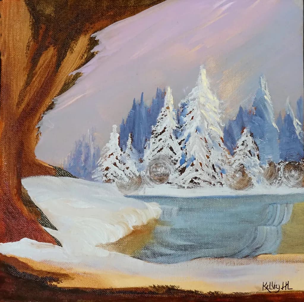 Winter Serenity: A Tranquil Reflection of Snow-Capped Pines and Gentle Waters