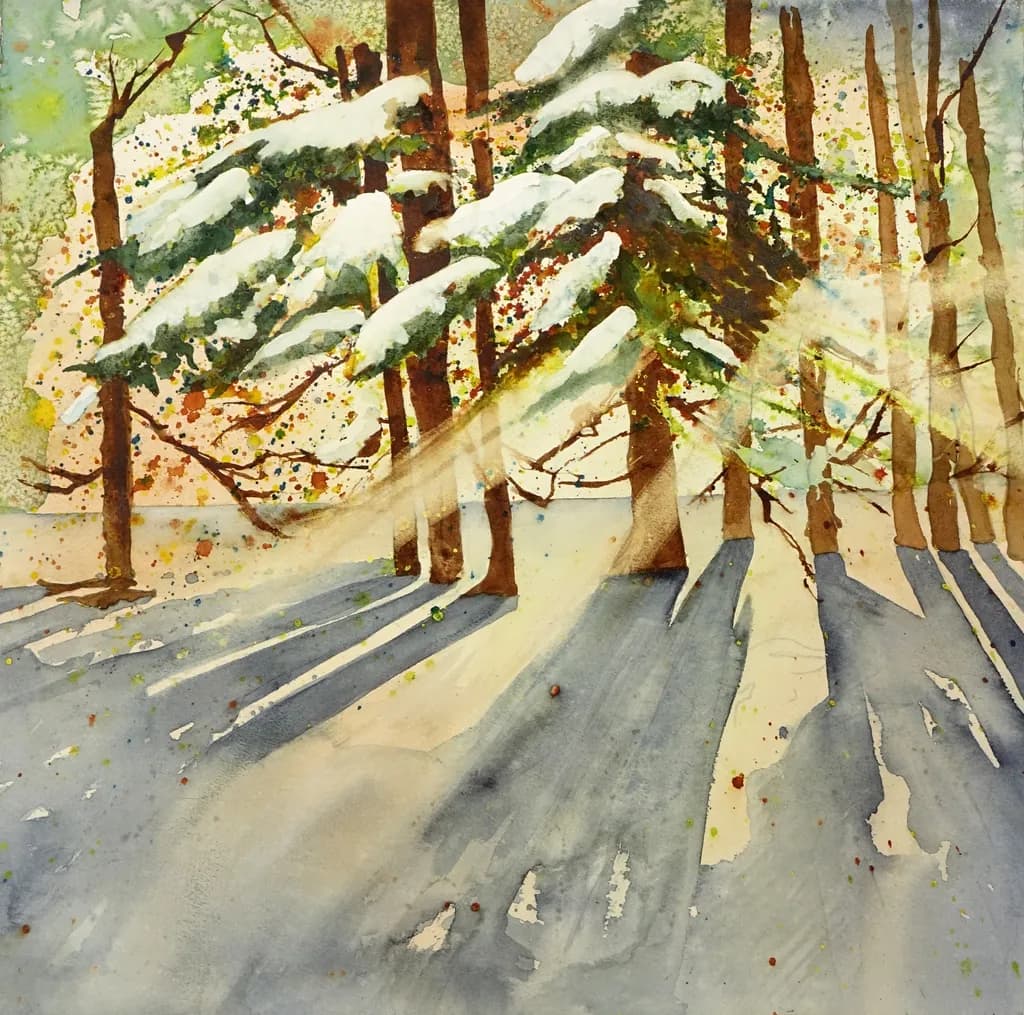 Whispers of Winter: A Watercolor Journey Through Snowy Forest Shadows
