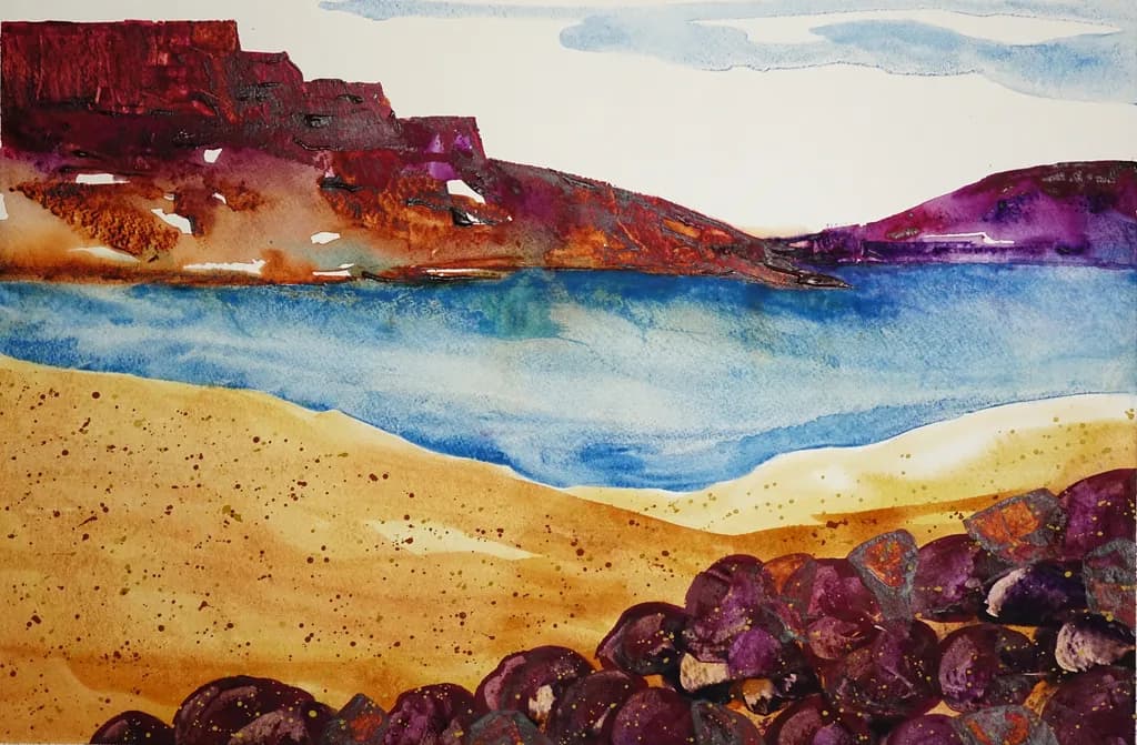 Serene Coastal Harmony: A Watercolor Journey Through Beach and Rocks