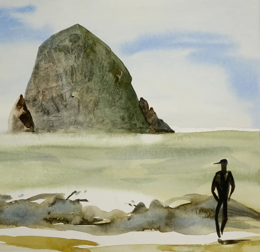 Whispers of the Shore: A Solitary Figure Beneath the Majestic Rock