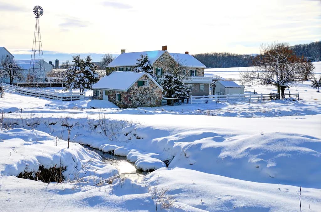 Winter's Embrace: A Serene Farmhouse Scene in Snowy Splendor