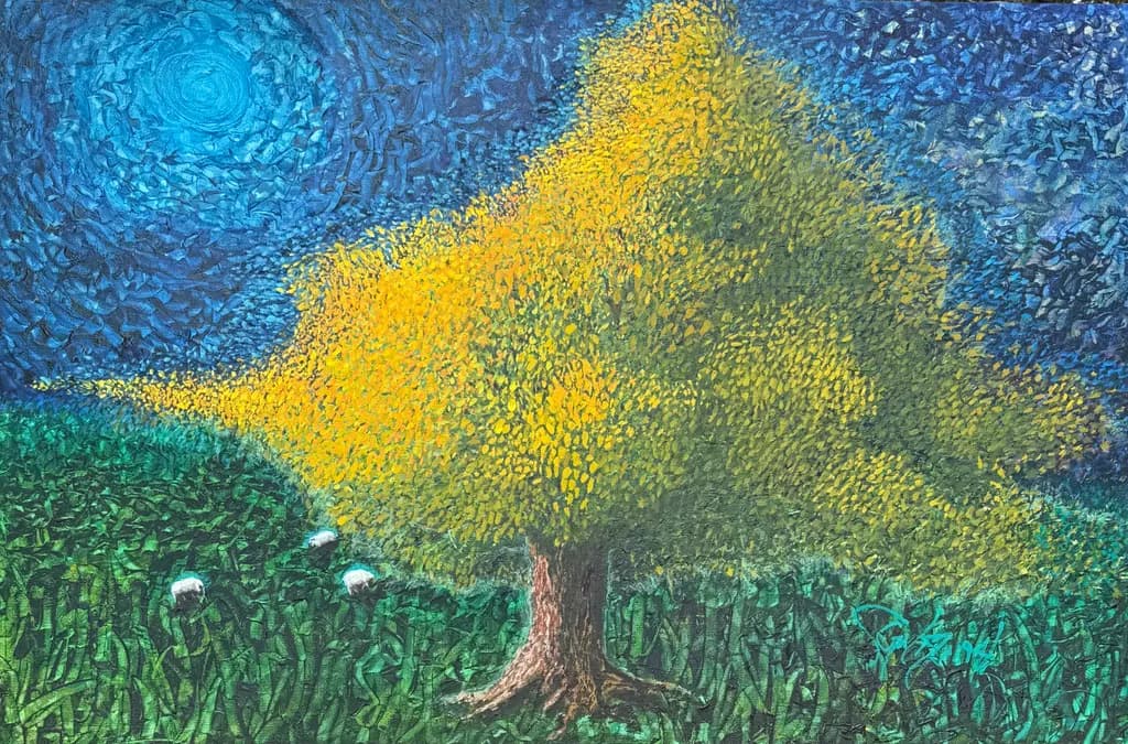 Golden Embrace: A Serene Night Under the Starry Sky with a Vibrant Tree and Gentle Sheep