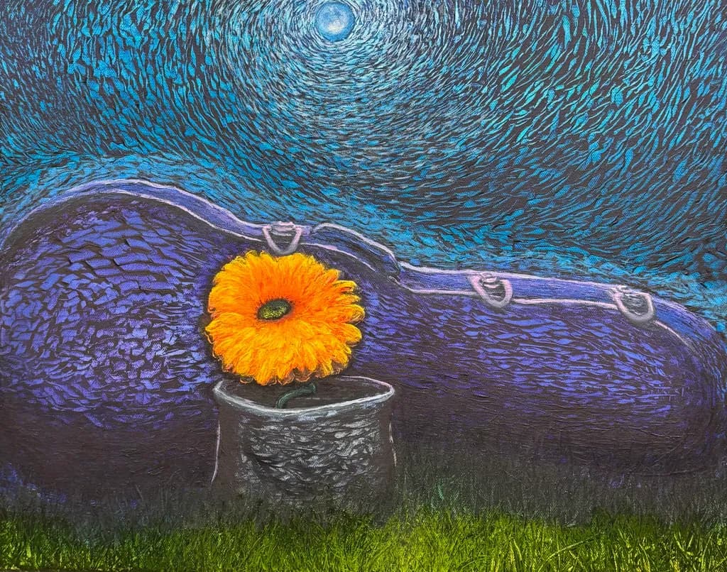 Whispers of Color: A Guitar's Blooming Solitude Under the Night Sky