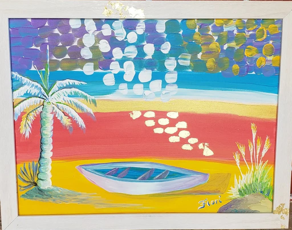 Serene Coastal Escape: A Vibrant Sunset with Palm Trees and Tranquil Waters