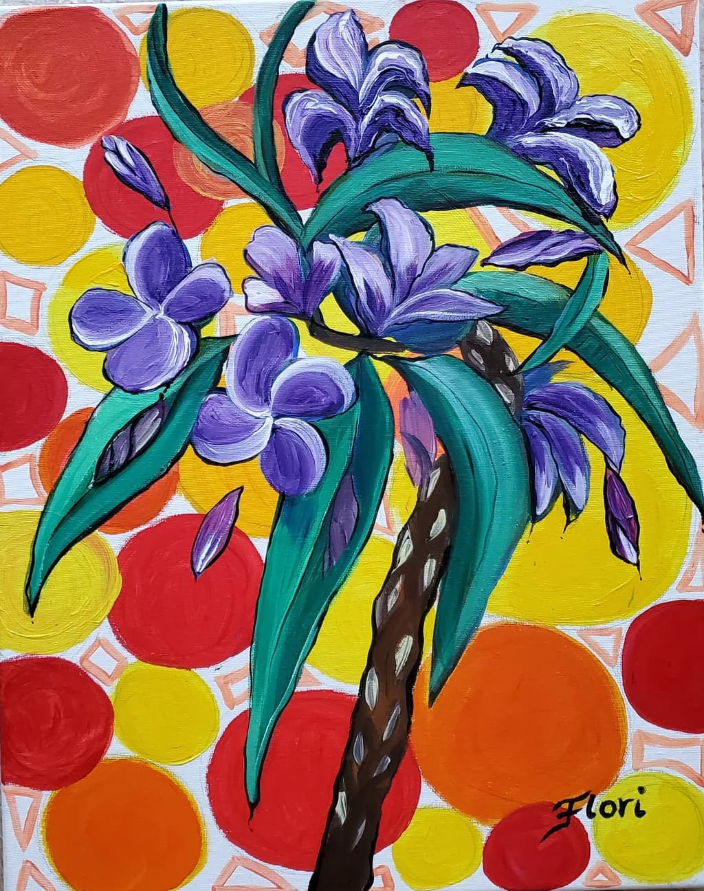 Vibrant Blossoms: A Dance of Purple Flowers Against a Bold Colorful Background