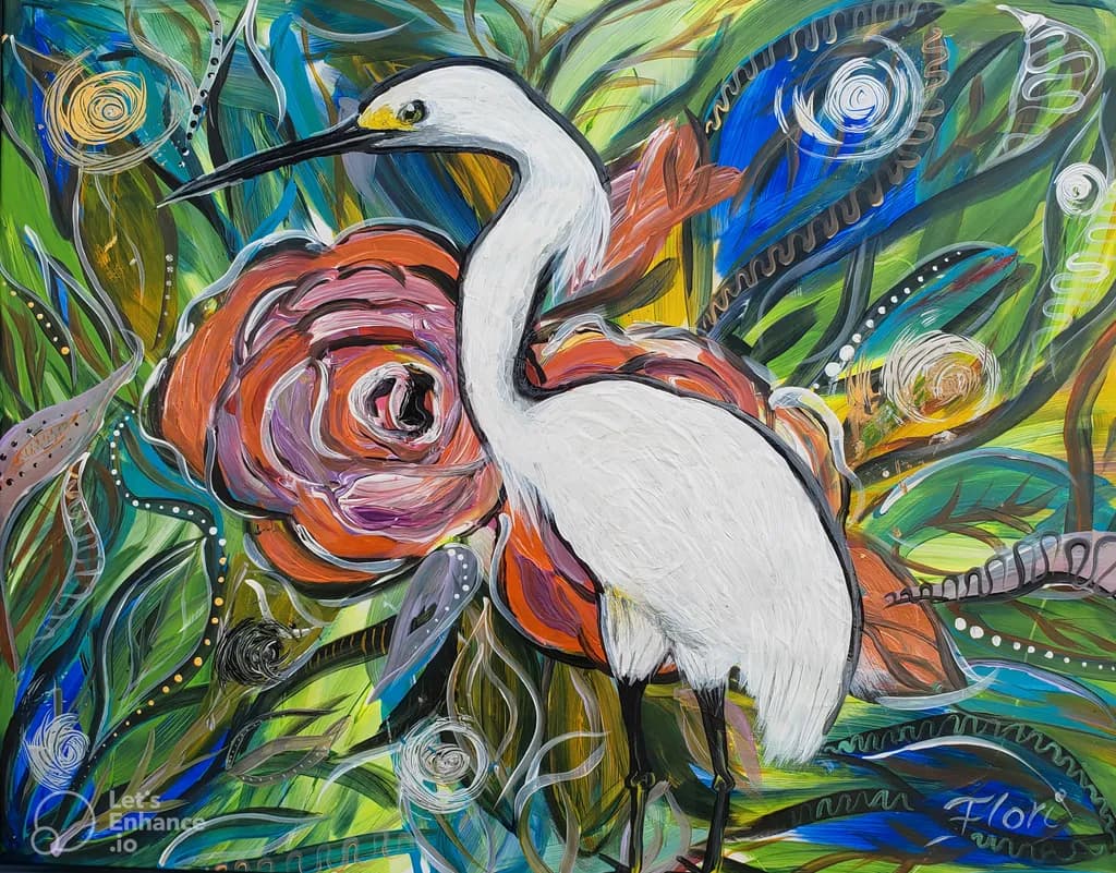 Whispers of Nature: A Graceful Egret Amidst Vibrant Blooms and Lush Foliage