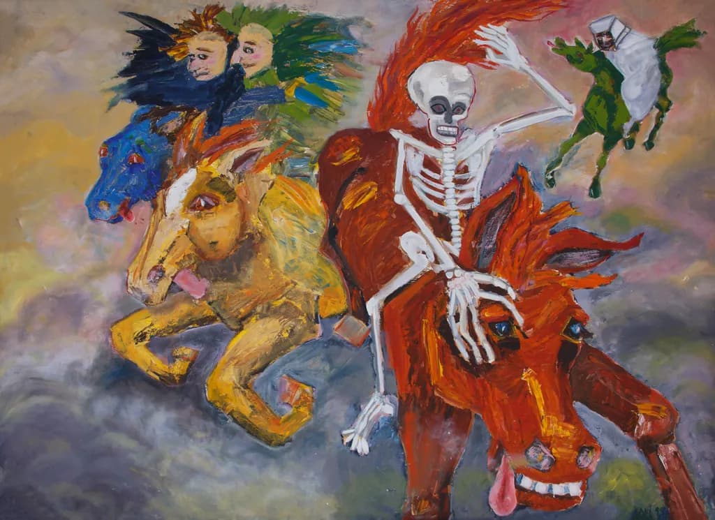 Whimsical Gallop: A Dance of Skeletons and Steeds in Surreal Harmony