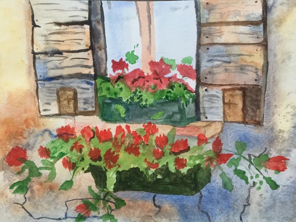 Whispers of Spring: A Watercolor Window Garden with Vibrant Red Blooms