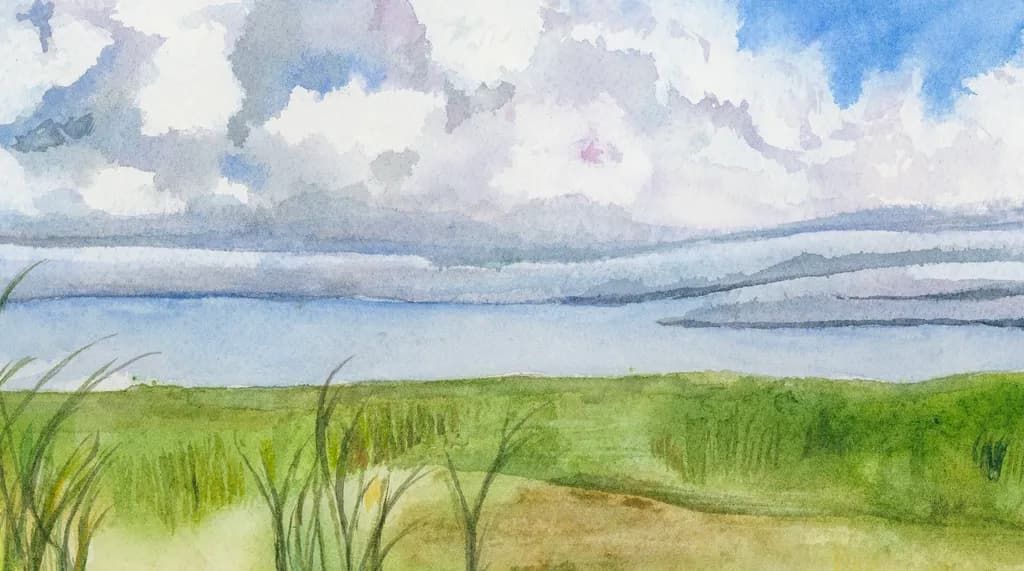 Serenity in Watercolor: A Tranquil Landscape of Sky and Grass