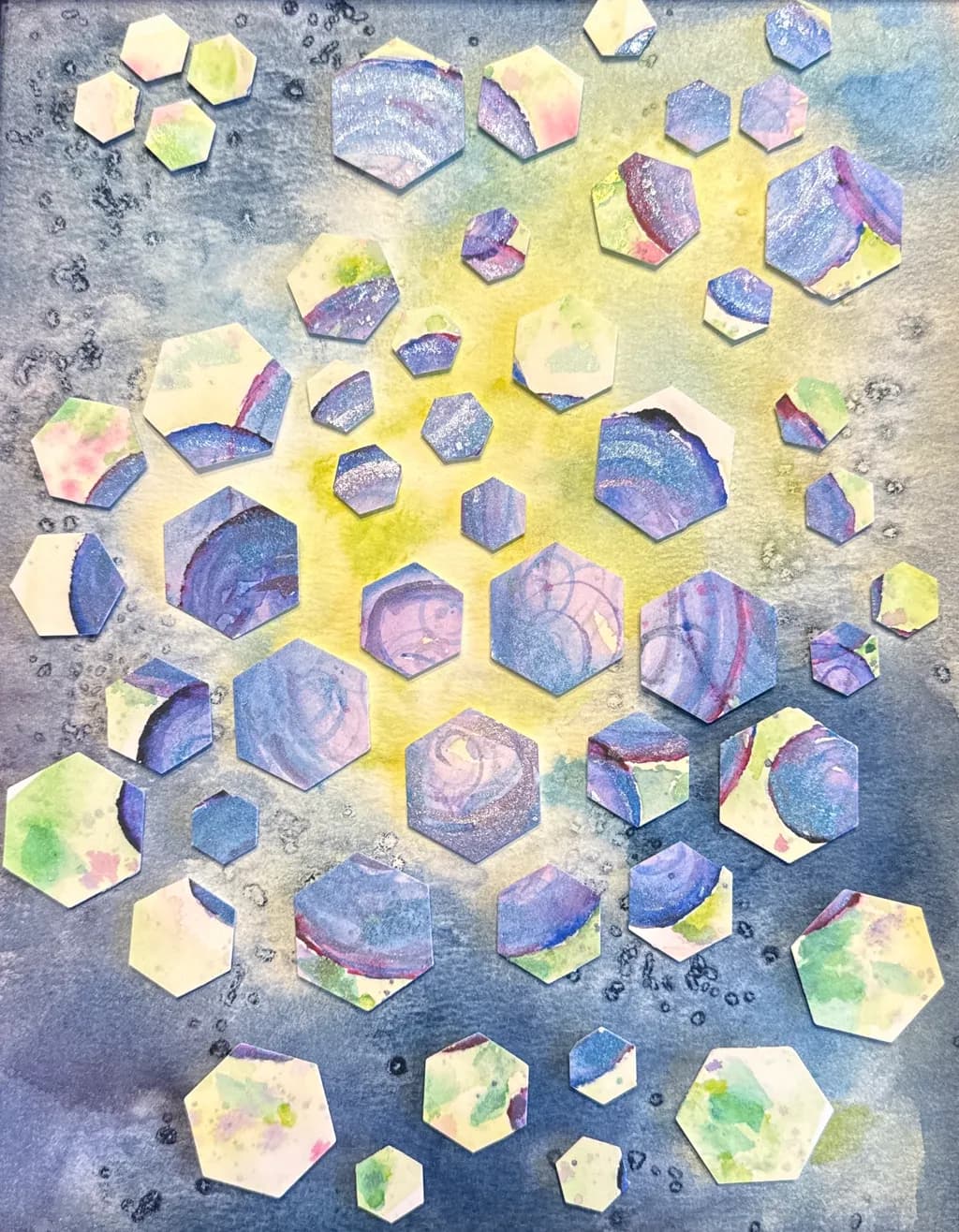 Whimsical Hexagons: A Colorful Dance of Abstract Patterns in Watercolor Art
